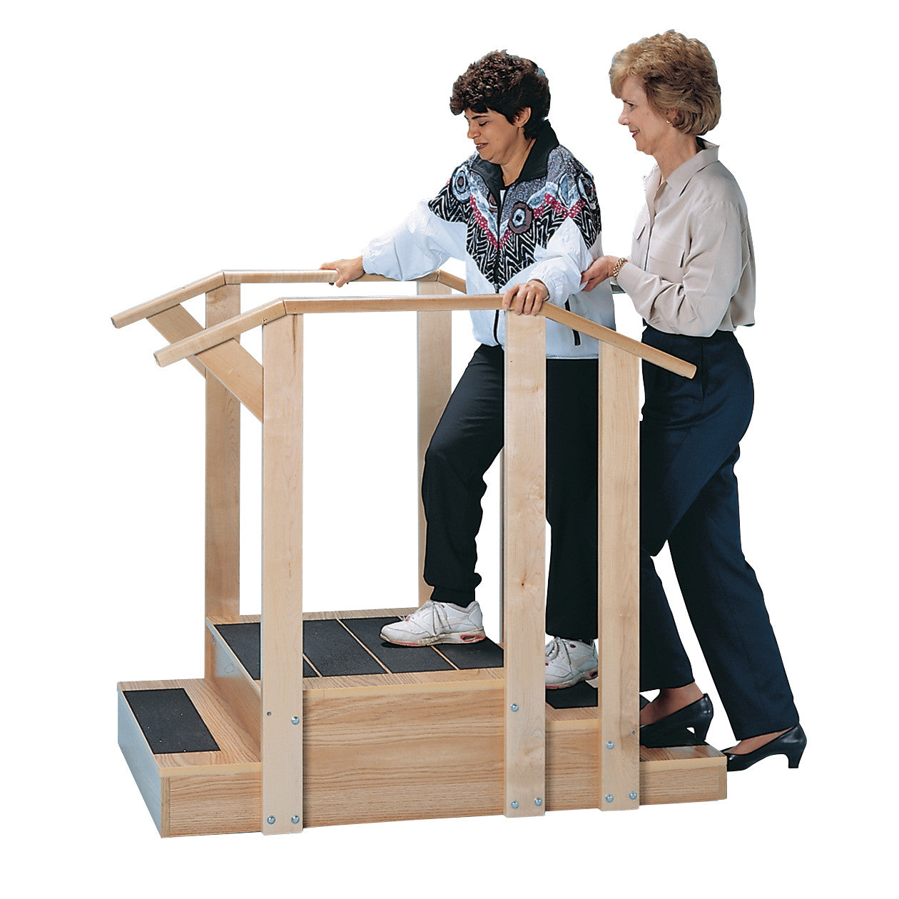 Two people use the Hausmann Mini Straight-Type Staircase for rehabilitation exercises, featuring wooden rails and non-slip steps.