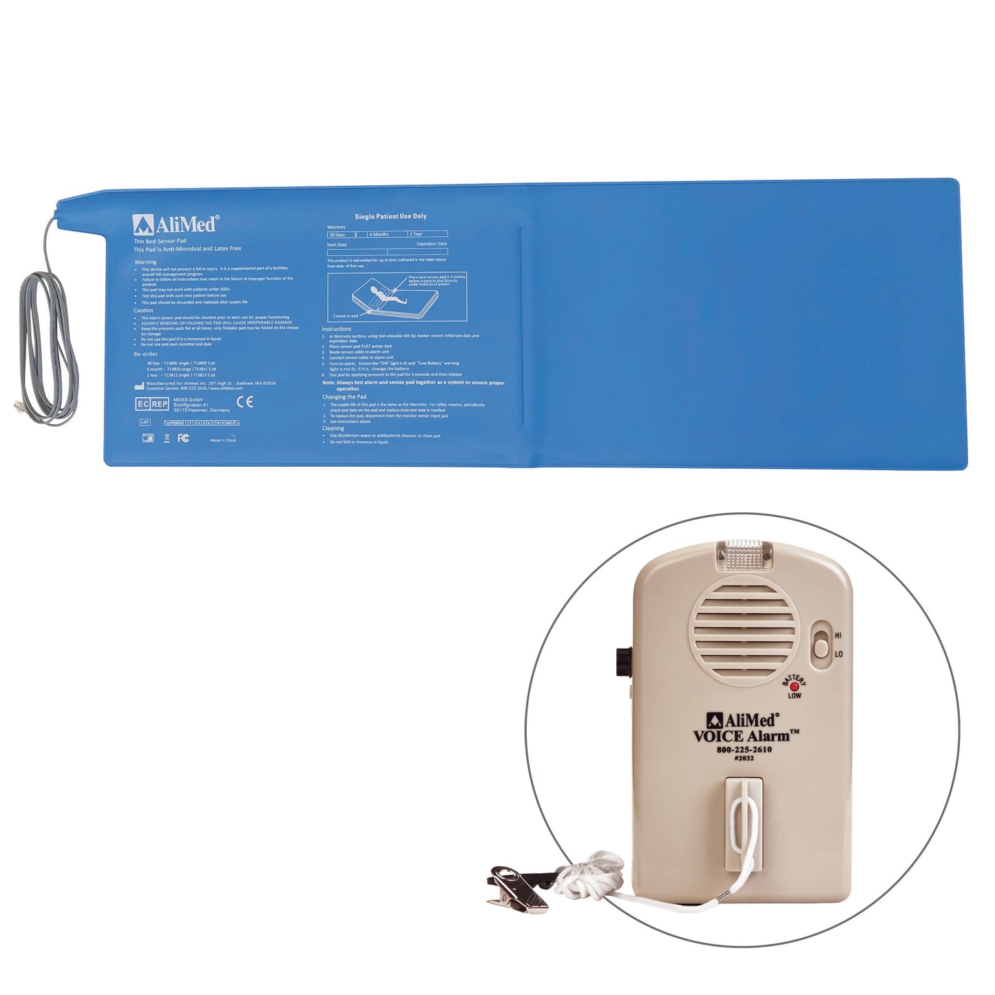Blue AliMed IQ VOICE Alarm with Bed Sensor Pad. Includes a blue sensor pad and a beige alarm device with a cord.