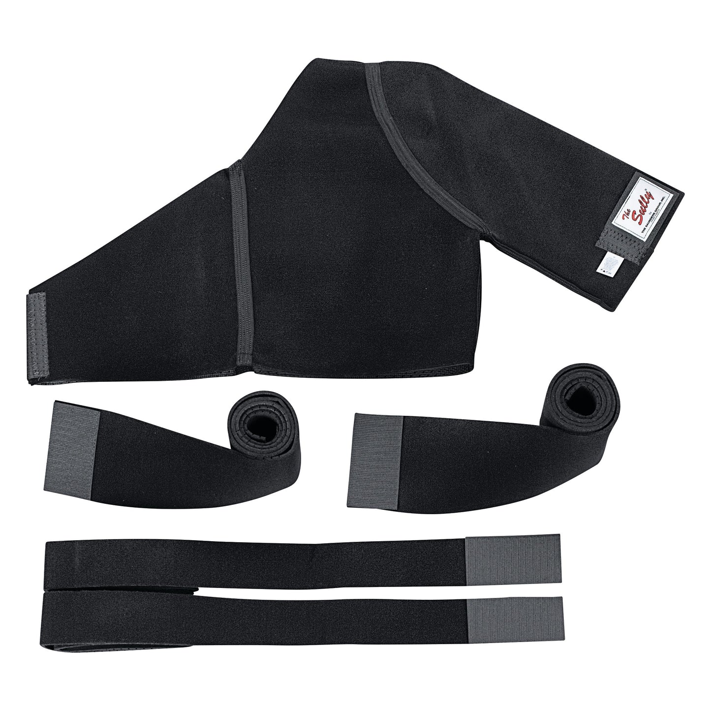 A black Sully Shoulder Stabilizer with two rolled Velcro straps and two flat Velcro straps, designed for shoulder support.