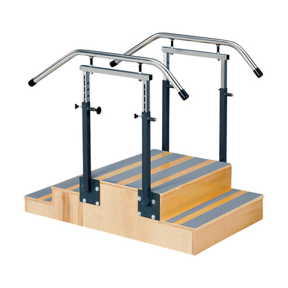 Clinton Adjustable Rail Small Staircase with three steps and metal handrails for rehabilitation or physical therapy exercises.