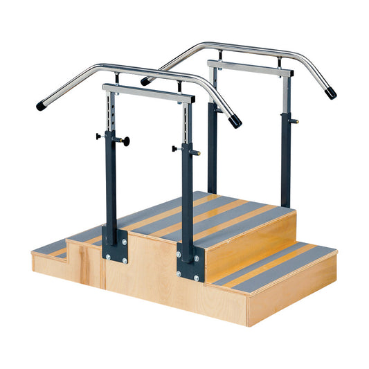 Clinton Adjustable Rail Small Staircase with three steps and metal handrails for rehabilitation or physical therapy exercises.