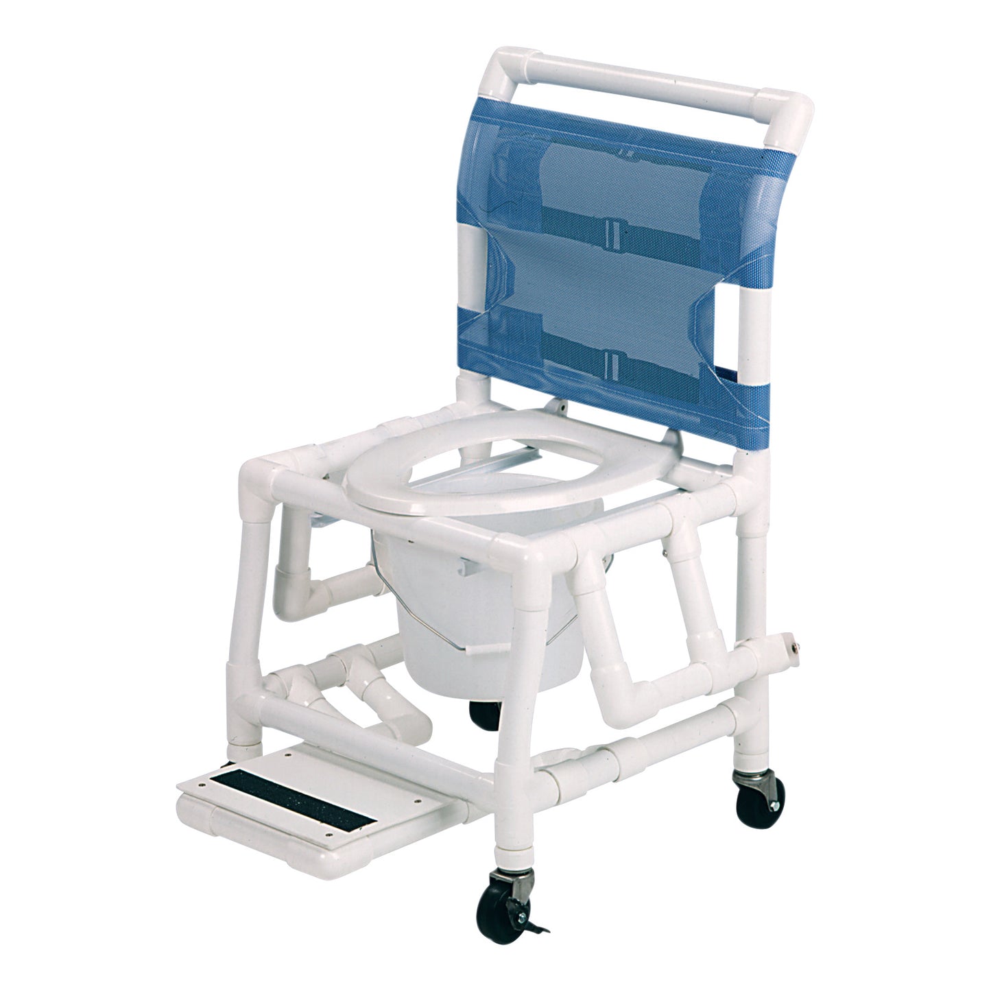 Healthline Deluxe Shower Commode Chair with a blue mesh backrest, white frame, casters, and a footrest, designed for patient use.