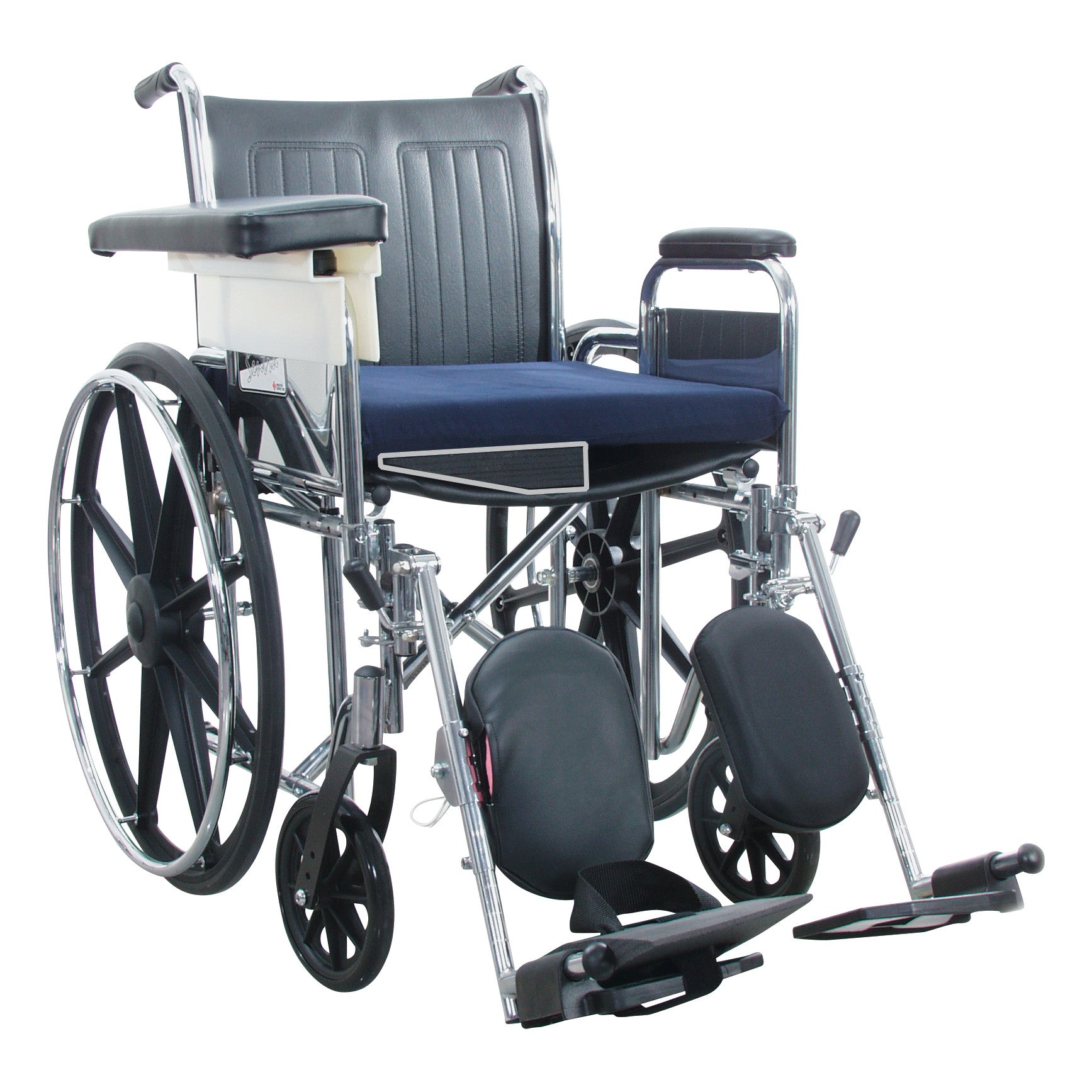 A wheelchair with large rear wheels, footrests, and an AliMed Wheelchair Half Seat Wedge, designed for comfort and stability.