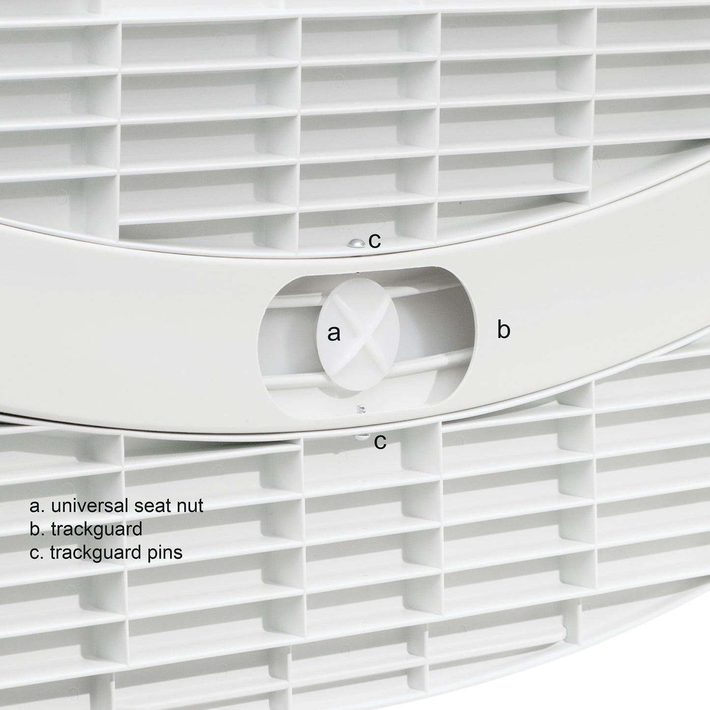 Close-up of the BeasyGlyder, showing the universal seat nut (a), trackguard (b), and trackguard pins (c) on a grooved surface.
