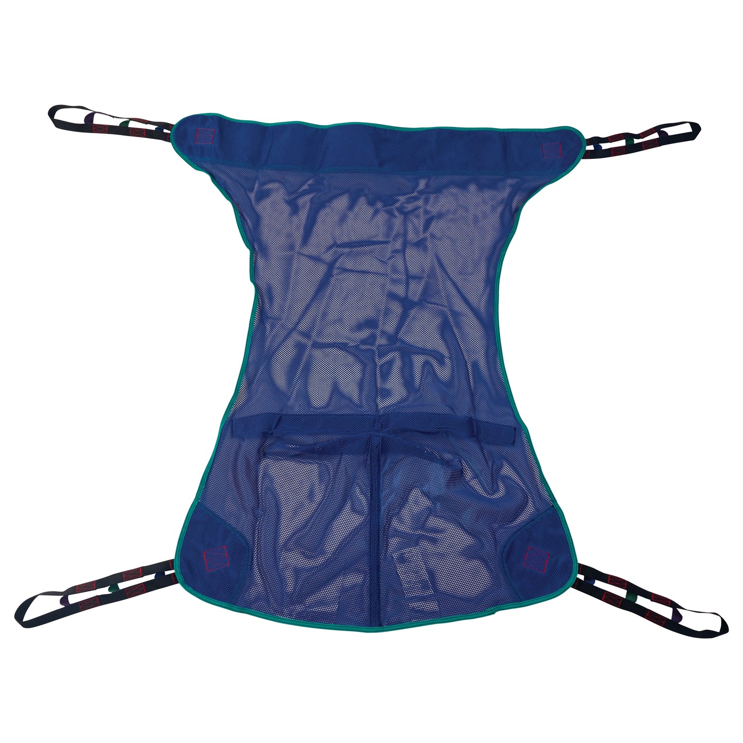 Invacare Full Body Patient Sling in blue mesh with reinforced edges and multiple attachment straps at each corner for patient lifting.
