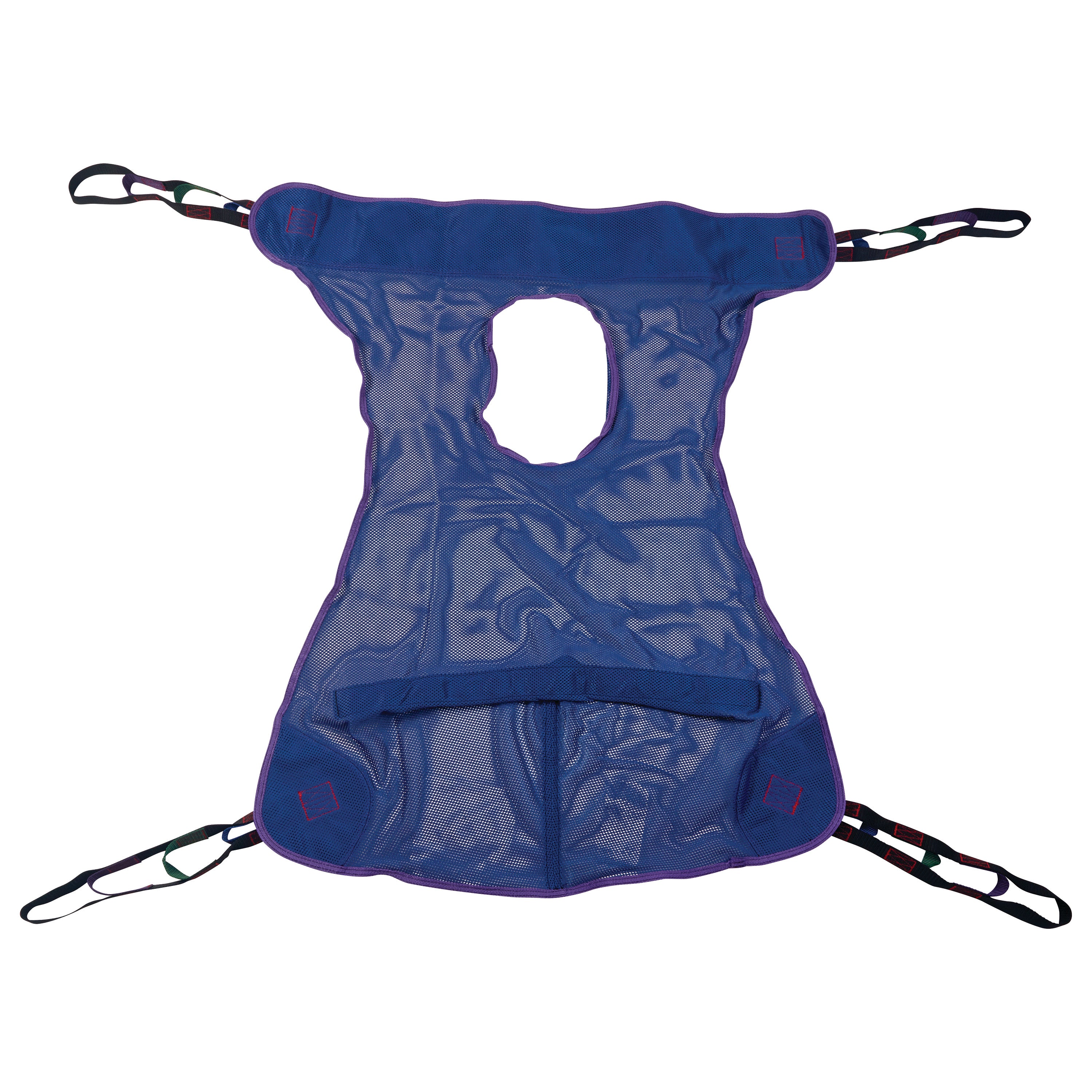 The Invacare Full Body Patient Sling with Commode Opening is a blue mesh sling with multiple straps and a cutout in the center.
