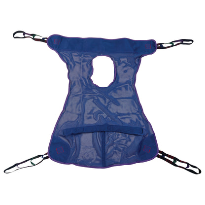 The Invacare Full Body Patient Sling with Commode Opening is a blue mesh sling with multiple straps and a cutout in the center.