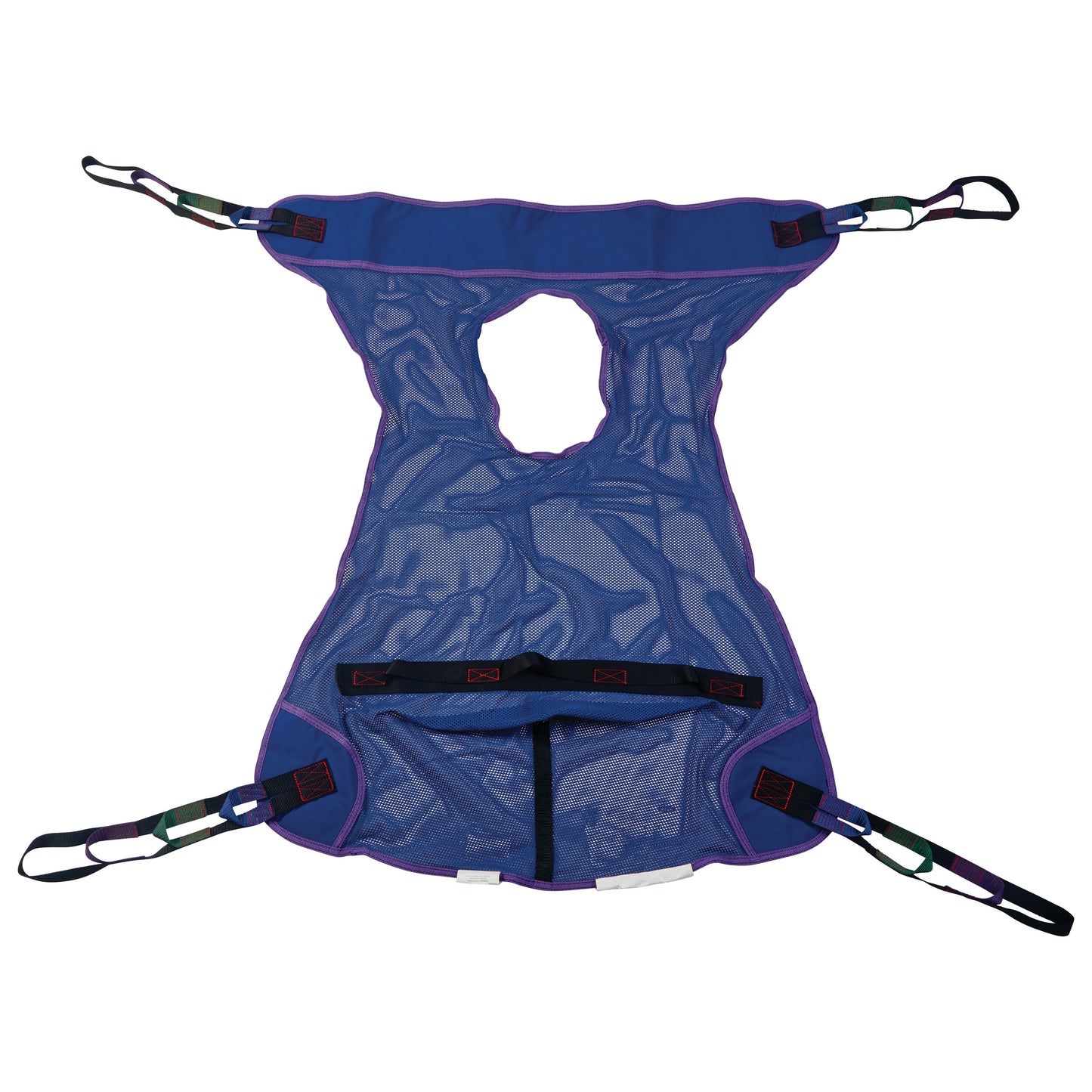 Invacare Full Body Patient Sling with Commode Opening, featuring a blue mesh fabric and adjustable straps for secure lifting.
