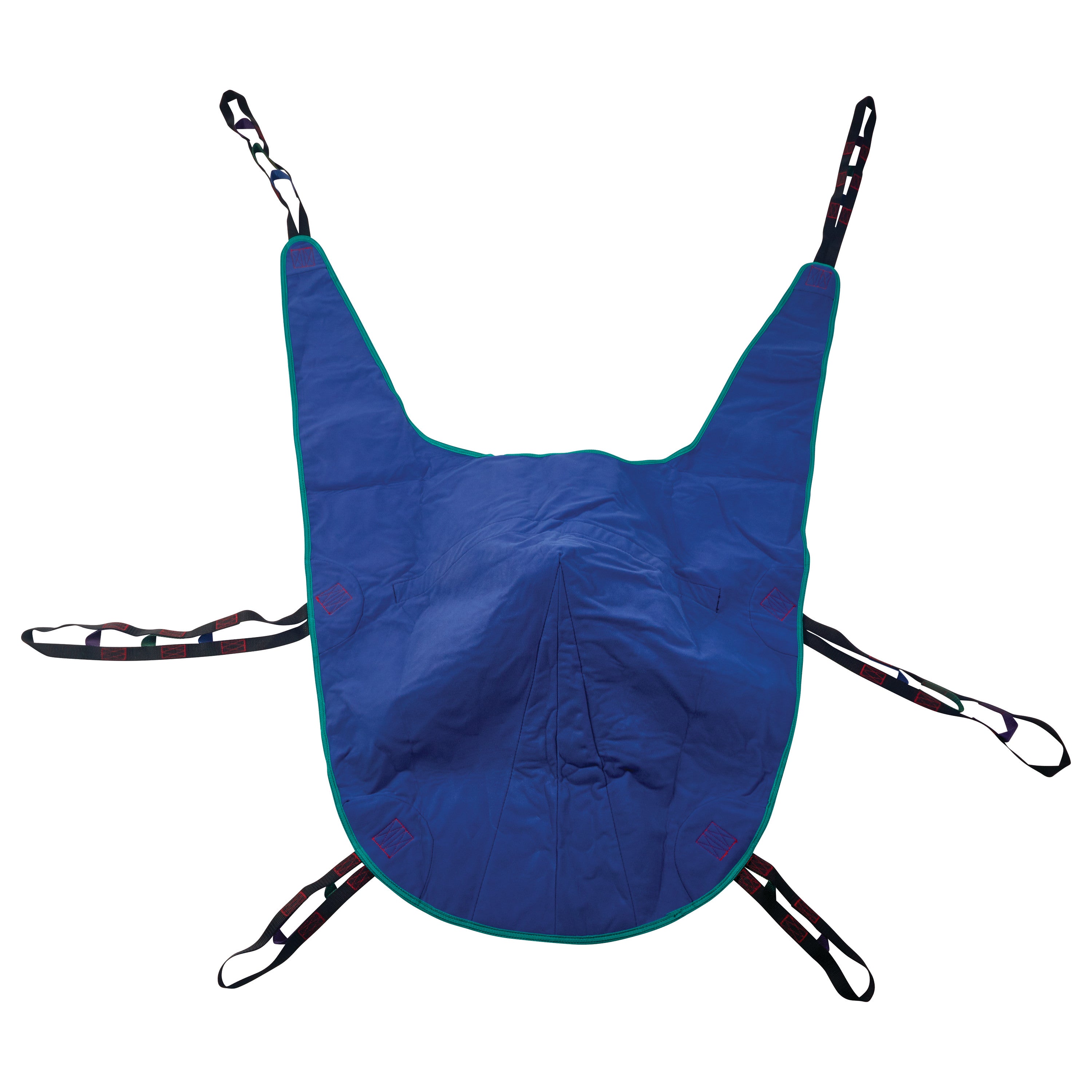 Invacare Divided Leg Patient Sling in blue with black straps and green trim, designed for secure and comfortable patient transfer.