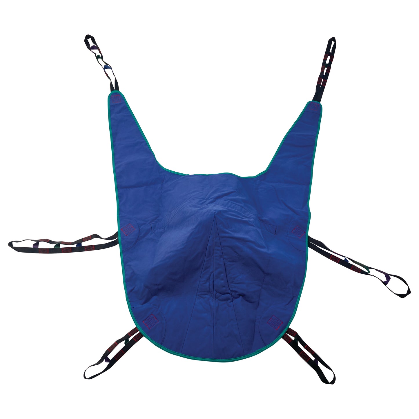 Invacare Divided Leg Patient Sling in blue with black straps and green trim, designed for secure and comfortable patient transfer.