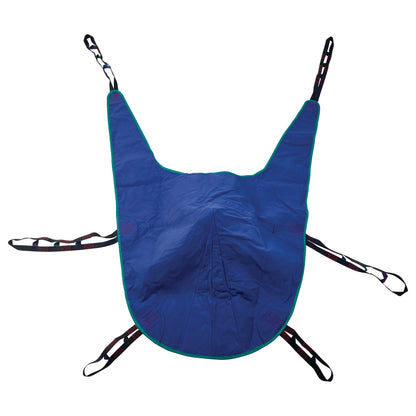 Invacare Divided Leg Patient Sling in blue with black straps and green trim, designed for secure and comfortable patient transfer.