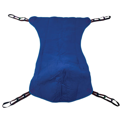 The Invacare Full Body Patient Sling is a blue fabric sling with multiple black and white loop straps at each corner.