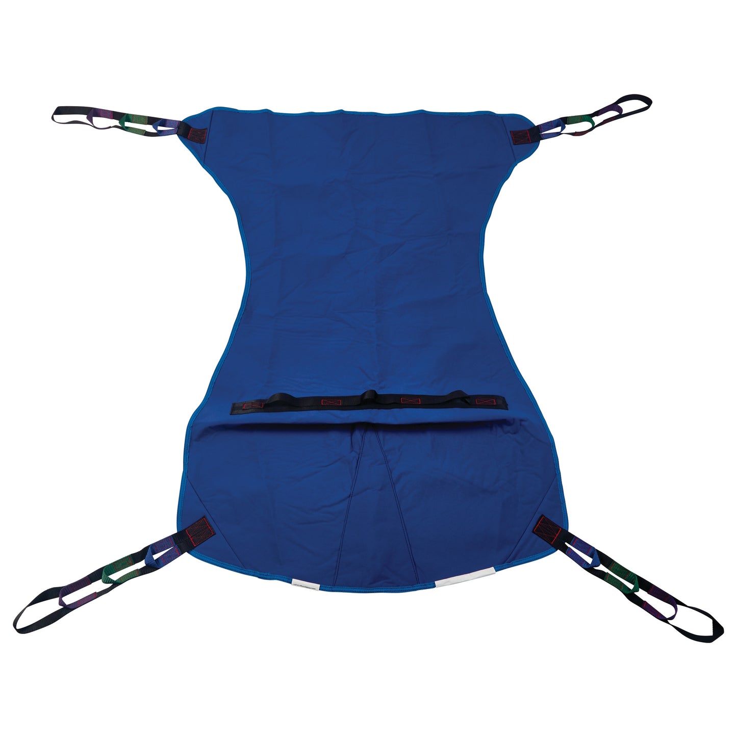 The Invacare Full Body Patient Sling is a blue sling with multiple loops for attaching to a lift system  for patient transfers.