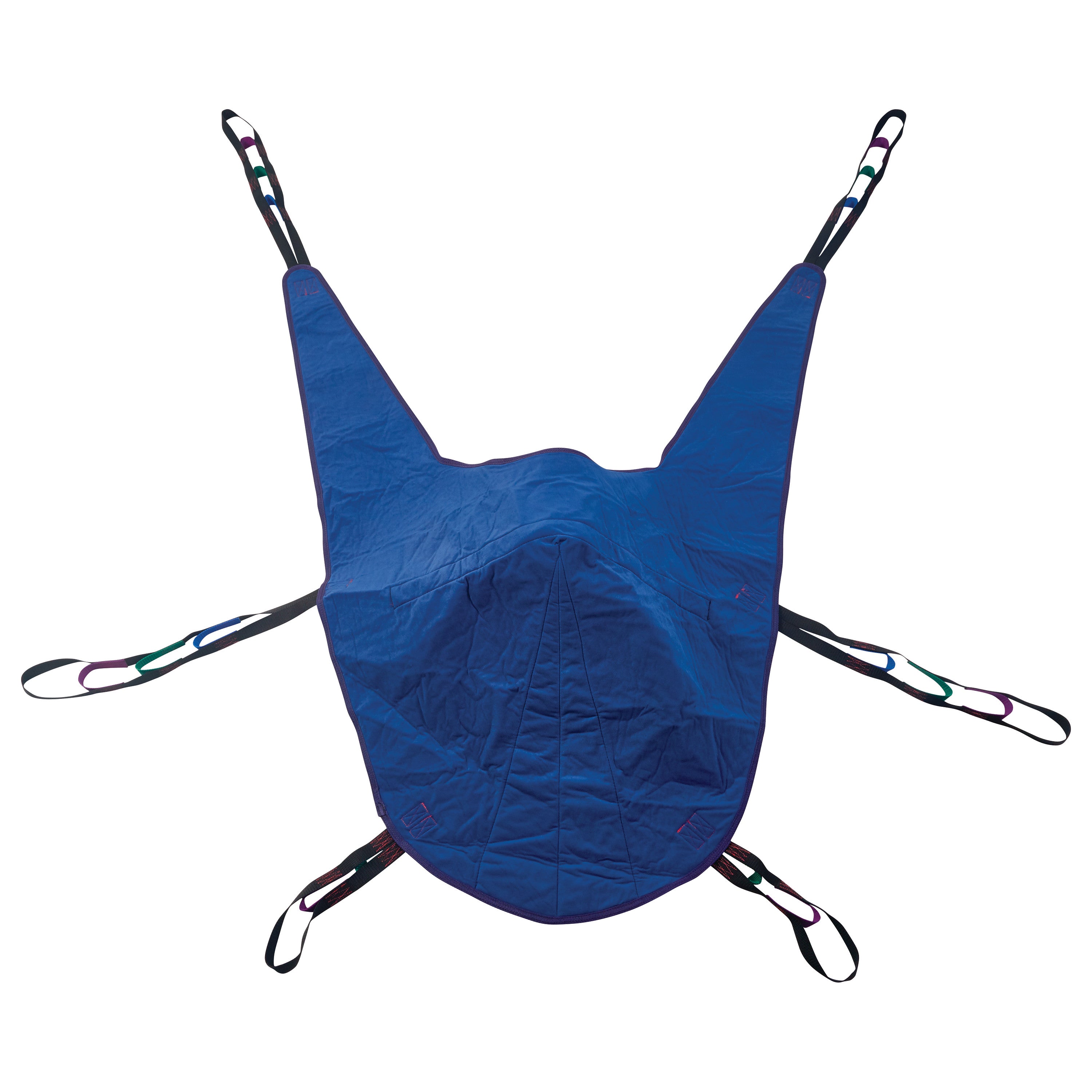 The Invacare Divided Leg Patient Sling is a blue sling with multiple straps, designed for patient transport and support.