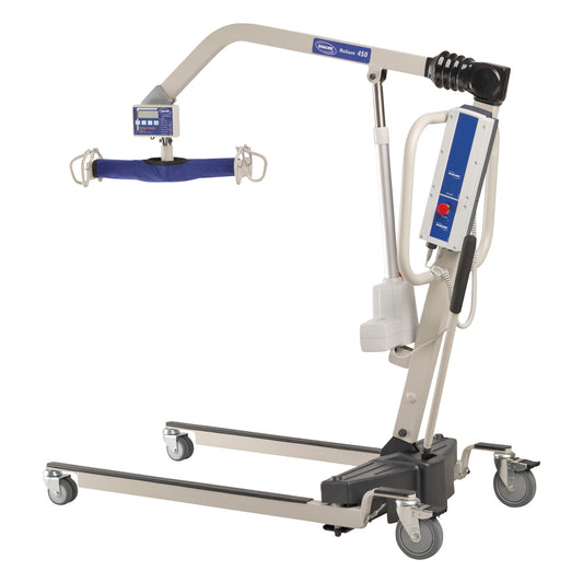Invacare Reliant 450 Electric Patient Lift with a detachable sling and adjustable arm, designed to assist in safely lifting patients.