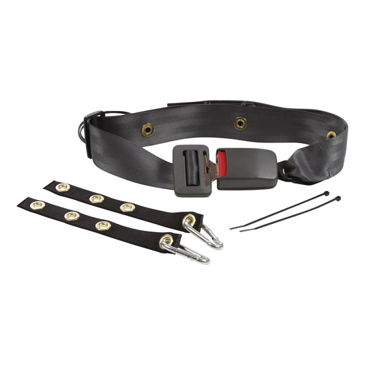 AliMed Buckled Seatbelt with adjustable black strap, metal grommets, two attachable straps with hooks, and two cable ties.