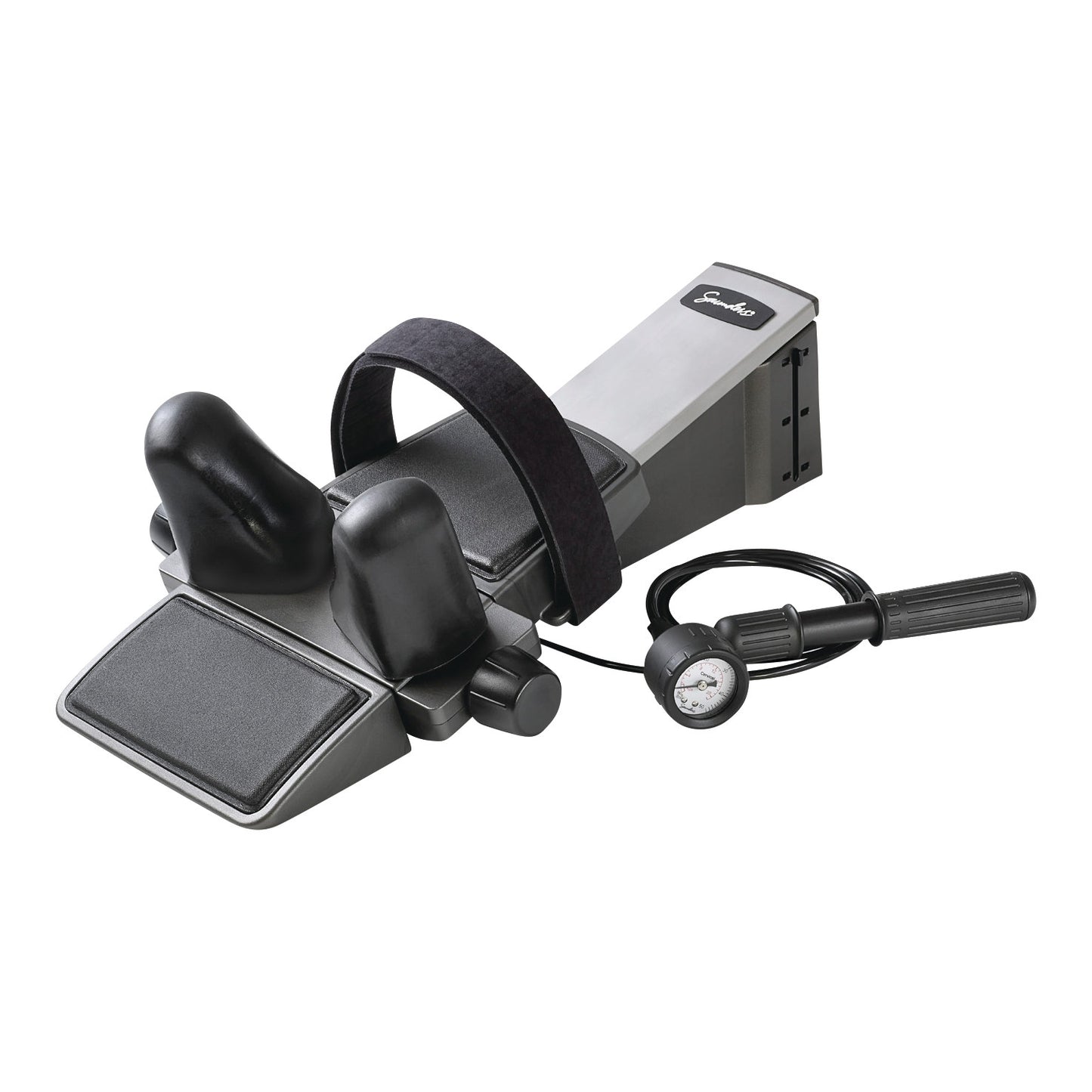 The Saunders Cervical HomeTrac Deluxe features cushioned supports, a head strap, and a hand pump with a pressure gauge for cervical traction.