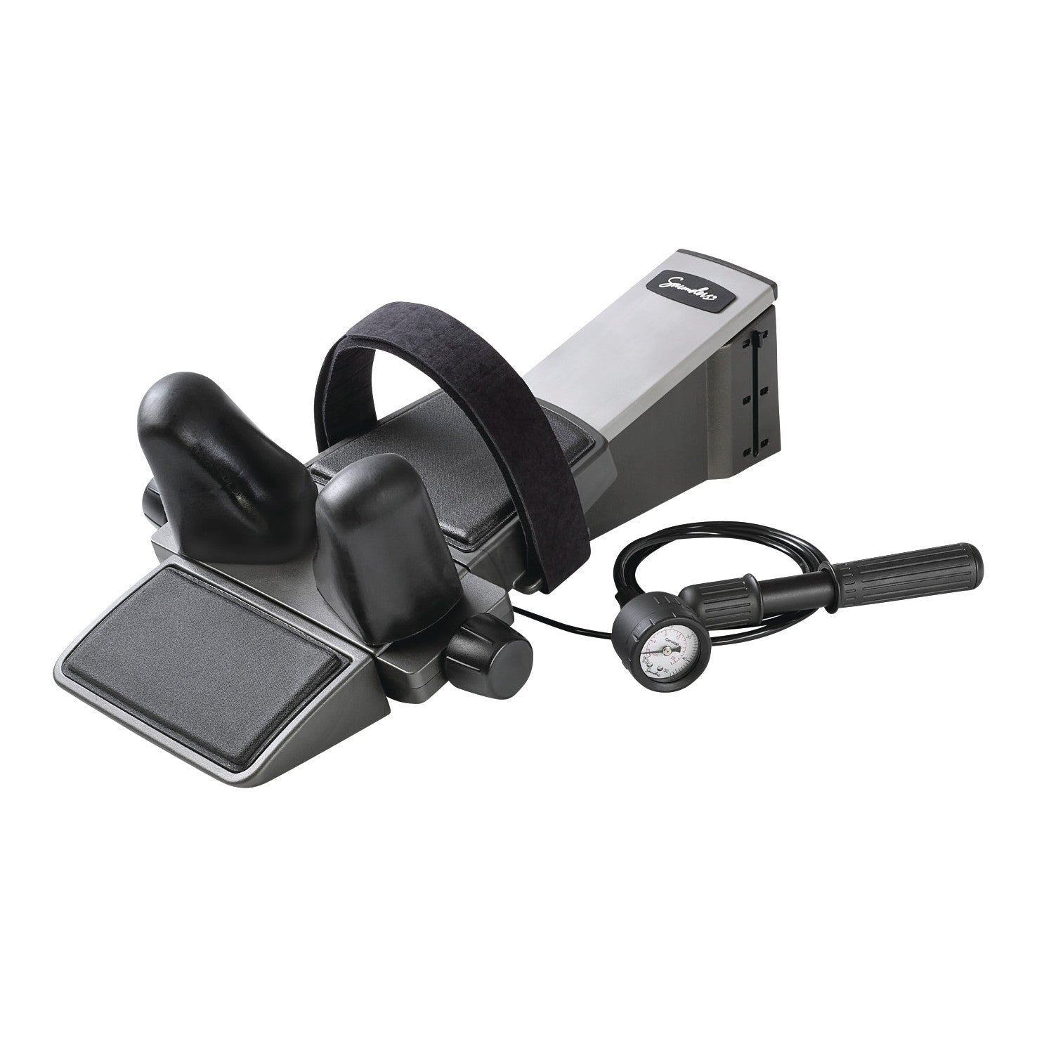 The Saunders Cervical HomeTrac Deluxe features cushioned supports, a head strap, and a hand pump with a pressure gauge for cervical traction.