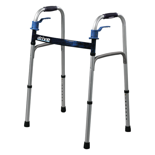 The image features a Drive Medical Deluxe Trigger-Release Folding Walker with adjustable legs and rubber grips, designed for stability.