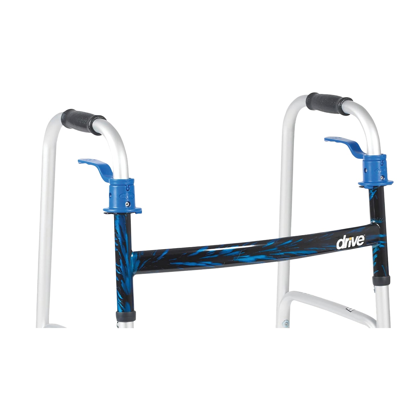 The image features a Drive Medical Deluxe Trigger-Release Folding Walker with blue accents and ergonomic handles.