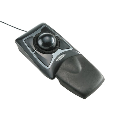 A Kensington Expert Mouse Wired Trackball featuring a large black trackball, four buttons, and a cushioned wrist rest.