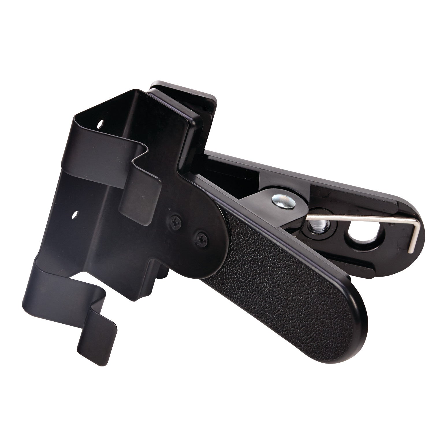 The image depicts an AliMed Universal Alarm Clip Mount with a black textured surface designed to secure alarms to frames or rails.
