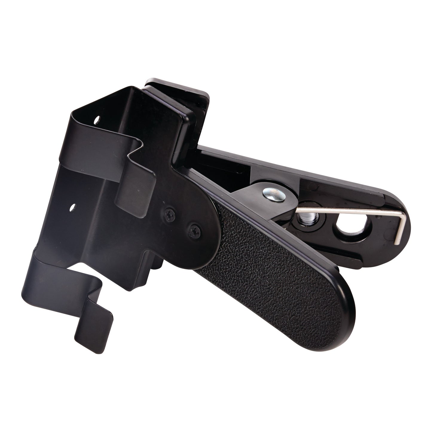 The image depicts an AliMed Universal Alarm Clip Mount with a black textured surface designed to secure alarms to frames or rails.