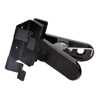 The image depicts an AliMed Universal Alarm Clip Mount with a black textured surface designed to secure alarms to frames or rails.