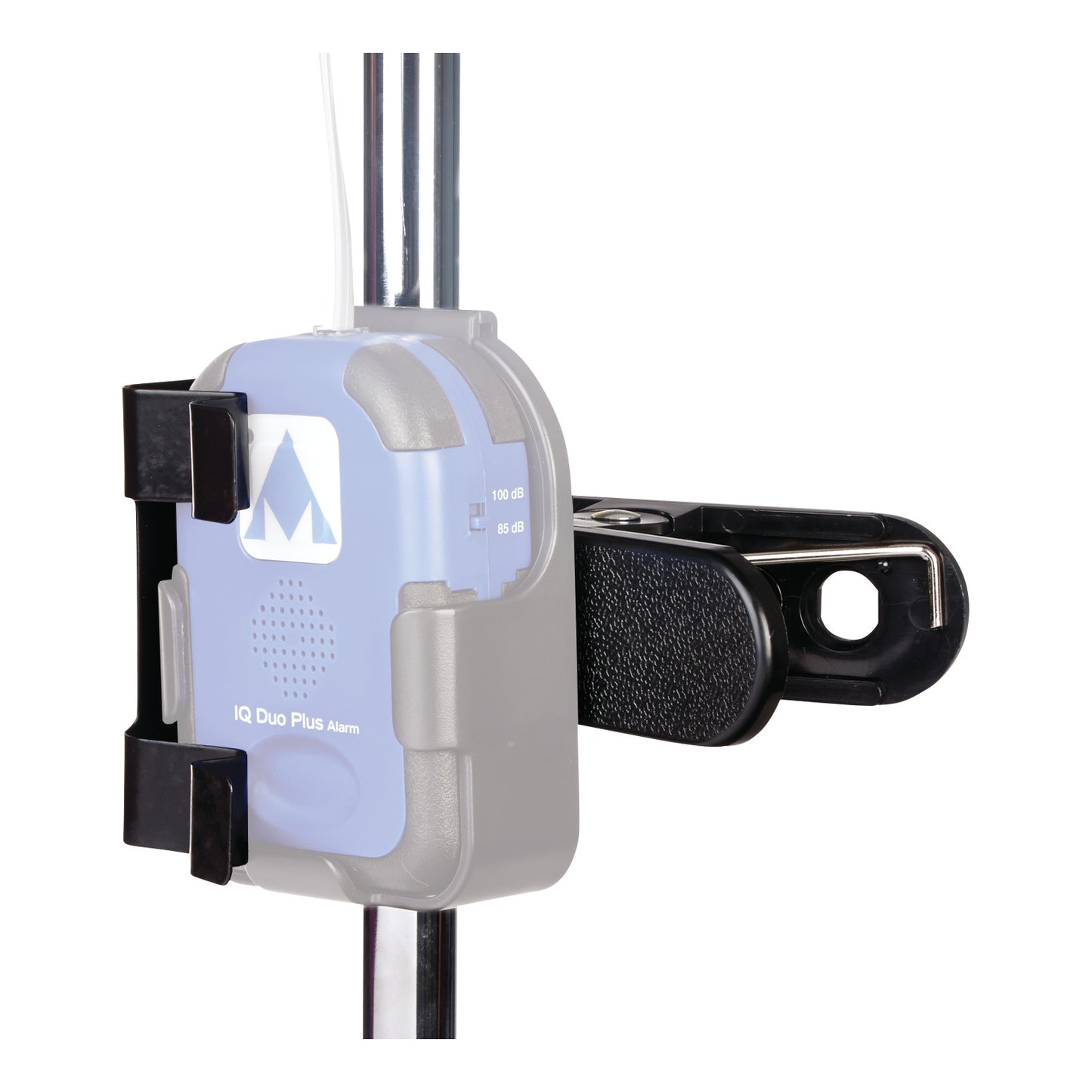 An AliMed Universal Alarm Clip Mount securely holds a medical alarm device on a vertical pole, featuring adjustable clasps.