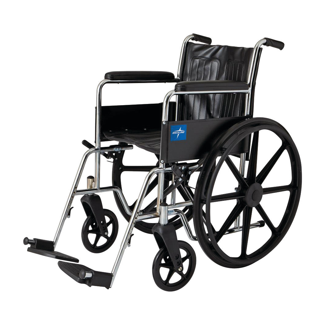 Wheelchair with Fixed Full-Length Arms and Fixed Footrests, featuring a black seat, large rear wheels, and small front wheels.