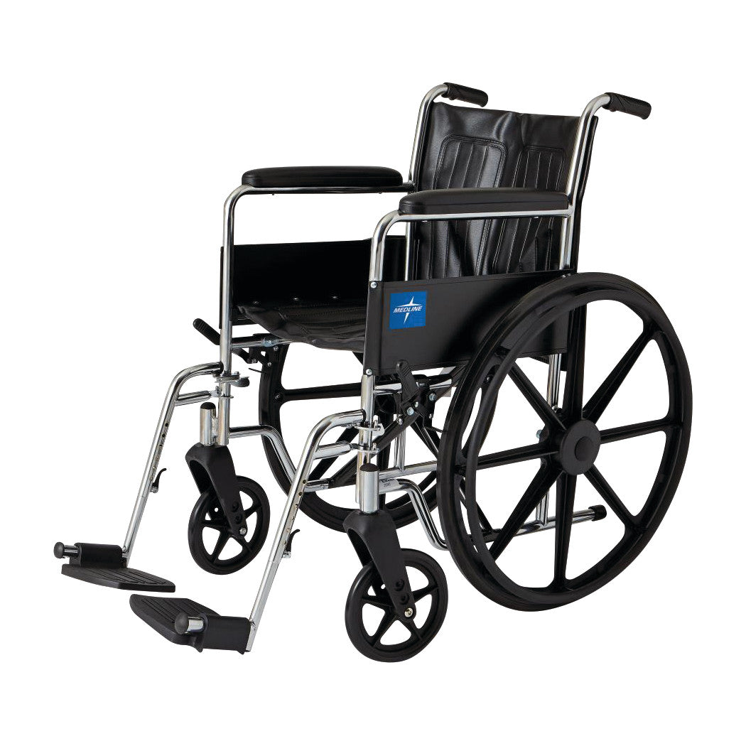 Excel 2000 Wheelchair with Fixed Full-Length Arms and Swing-Away Footrests featuring a black seat, large rear wheels, and smaller front wheels.
