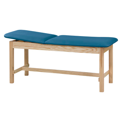 Clinton Classic Series H-Brace Treatment Table with blue cushioned top and wooden frame is designed for medical and therapy use.