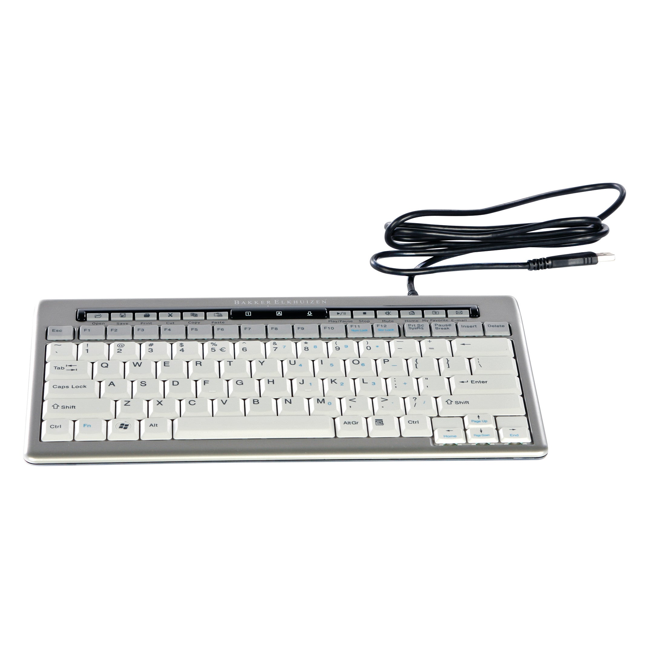 S-Board Slim Keyboard with a compact design, featuring white keys and a black wired connection cable coiled on top.