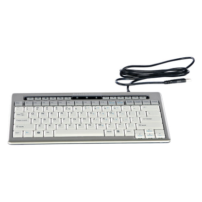 S-Board Slim Keyboard with a compact design, featuring white keys and a black wired connection cable coiled on top.