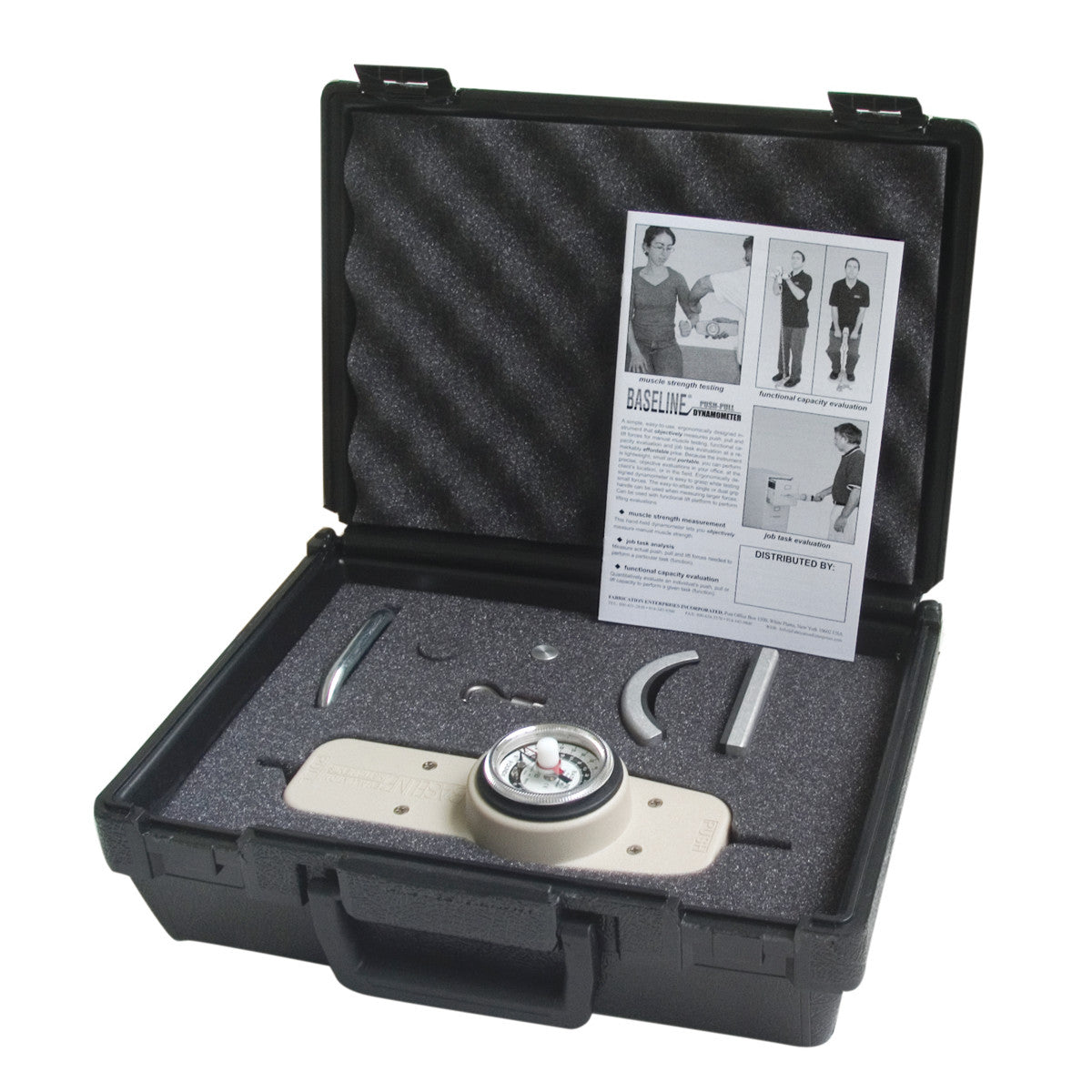An open black case displays the Baseline Push-Pull Dynamometer System with various components and a pamphlet inside.