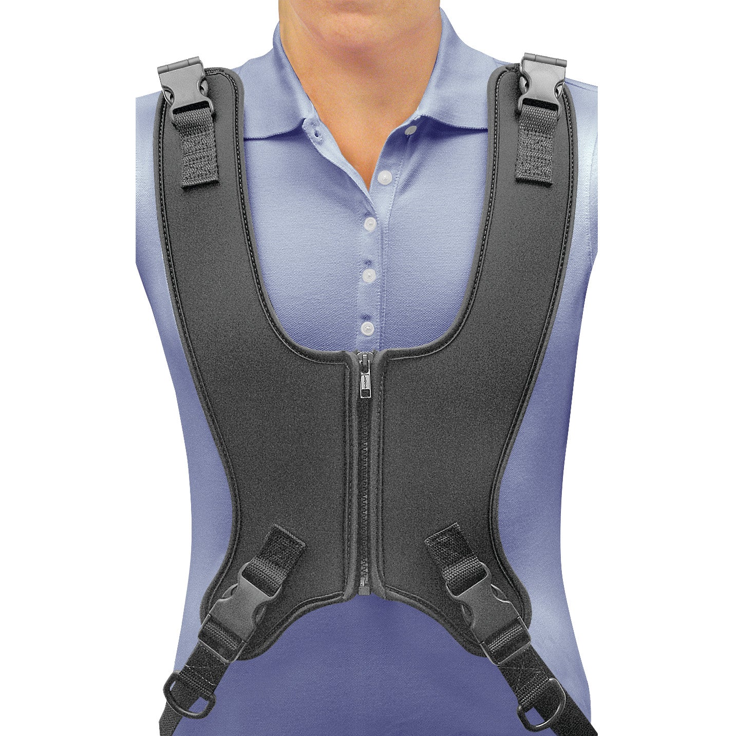A person wearing a Therafin Zip-up Butterfly Vest over a blue shirt. The vest has black straps and a front zipper closure.