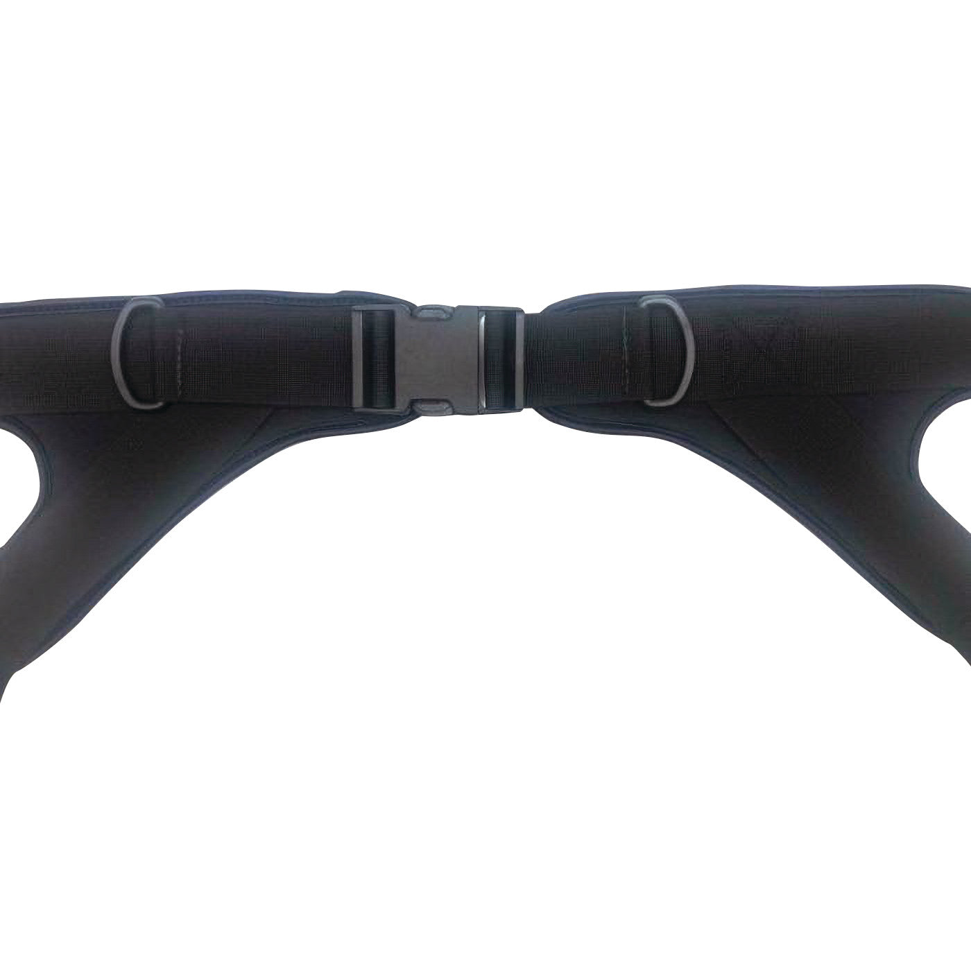 The Therafin Hip Stabilizing Belt is black with a central plastic buckle and two D-rings, designed to aid in hip stabilization.