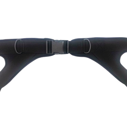 The Therafin Hip Stabilizing Belt is black with a central plastic buckle and two D-rings, designed to aid in hip stabilization.