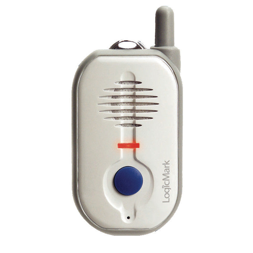 A small device labeled Guardian 911, featuring a blue button and a small antenna, designed for emergency communication.