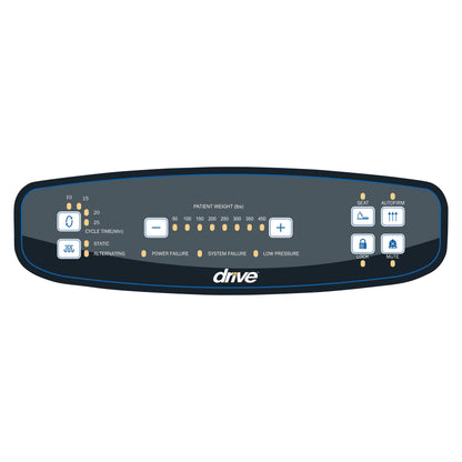 Control panel for the Drive Medical Med-Aire Plus 8" Alternating Pressure and Low Air-Loss Mattress System, showing weight settings and alerts.