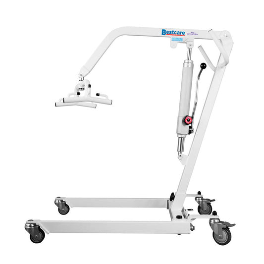 The Bestcare BestLift PL400H Full Body Patient Lift is a white mobile lift with four caster wheels and a hydraulic mechanism.