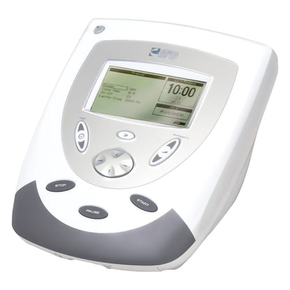 The Chattanooga Intelect Transport Two-Channel Stimulator System is a medical device with a display and control buttons for electrotherapy.