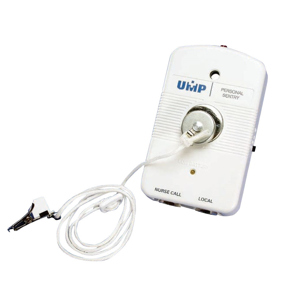 UMP Replacement Pull Cord with clip, designed for nurse call systems, featuring a white cord attached to a small device.