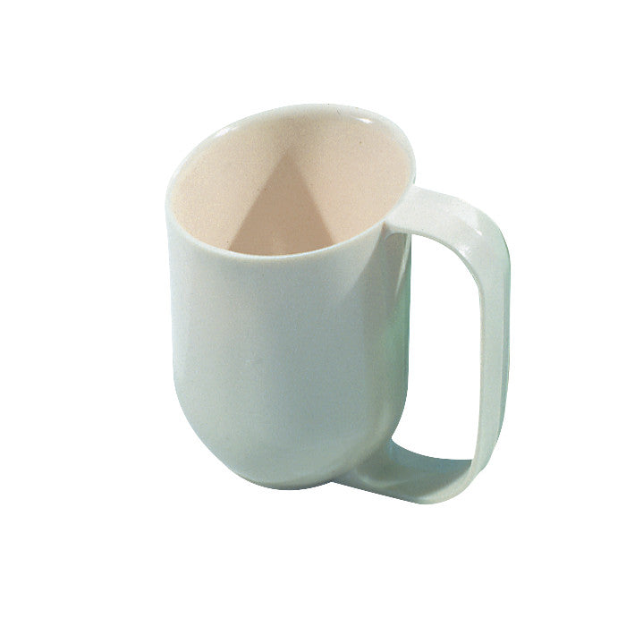 Weighted-Base Dysphagia Cup features a wide handle and slightly angled design, designed to aid individuals with swallowing difficulties.
