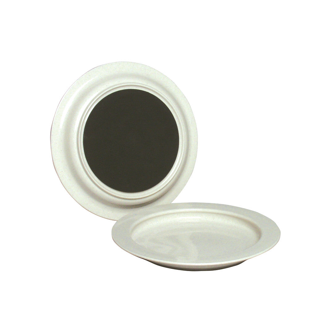 Two white Inner Lip Plate, Nonskid dishes are shown. One is upright, displaying its raised inner lip; the other lies flat.