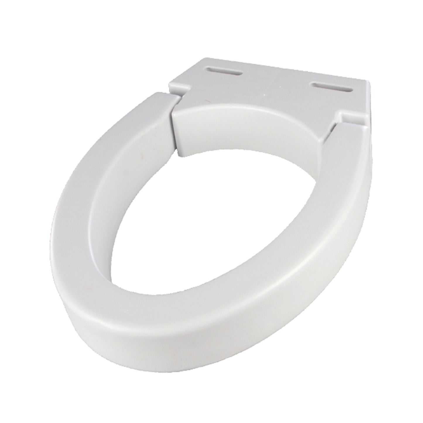 A white Hinged Elevated Toilet Seat designed to raise the sitting height for easier access and increased comfort.