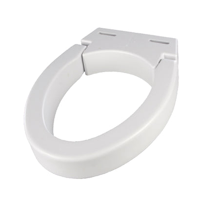 A white Hinged Elevated Toilet Seat designed to raise the sitting height for easier access and increased comfort.