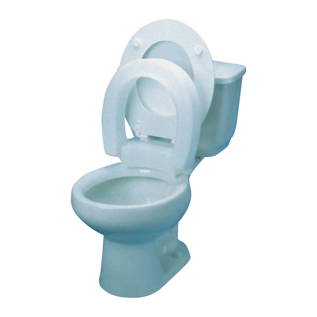 A white Hinged Elevated Toilet Seat is attached to a standard toilet, showing the seat raised, revealing the bowl underneath.