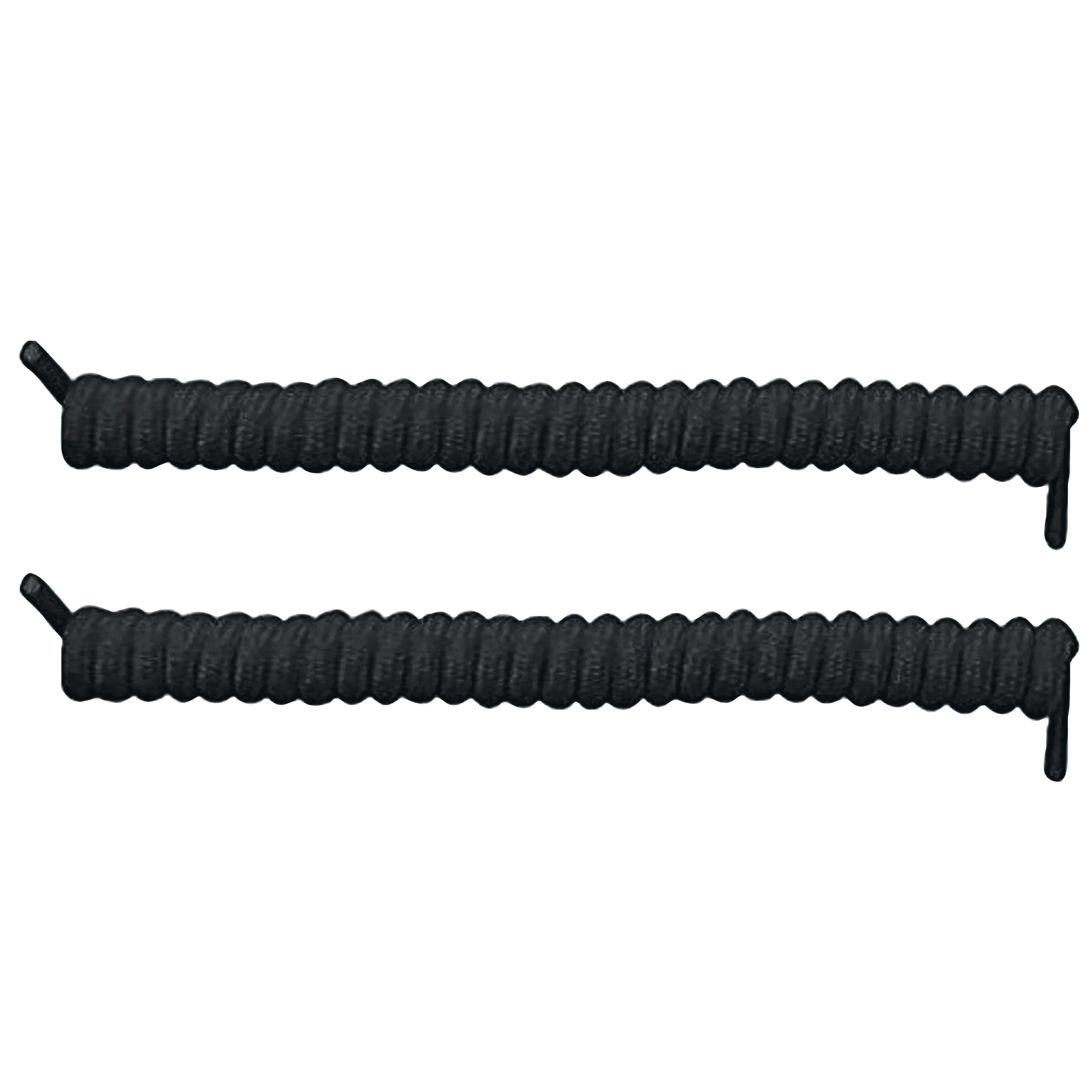 Two black Spyrolaces, designed as coiled, stretchy shoelaces with capped ends, are shown side by side against a white background.