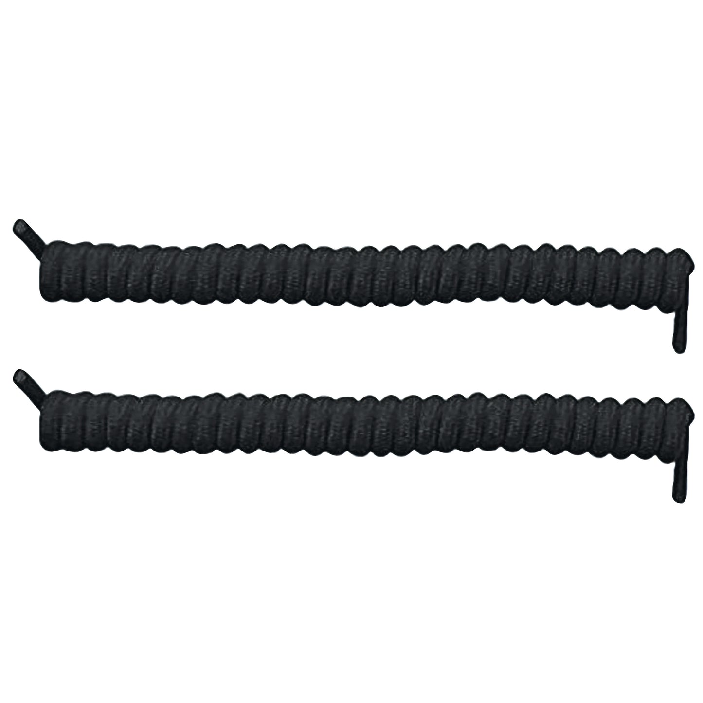 Two black Spyrolaces, designed as coiled, stretchy shoelaces with capped ends, are shown side by side against a white background.